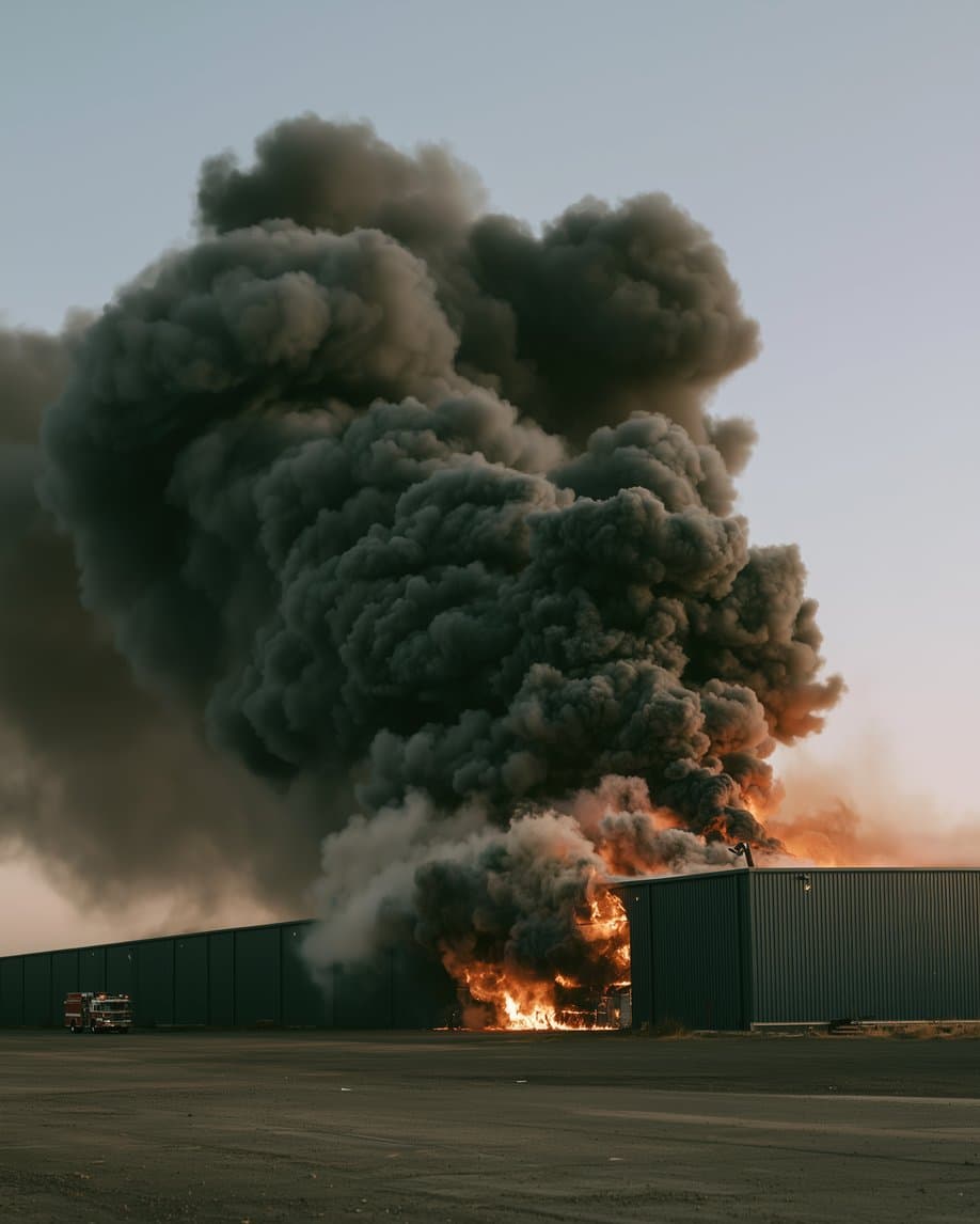Black smoke pouring from a burning warehouse, a fire engine in its yard