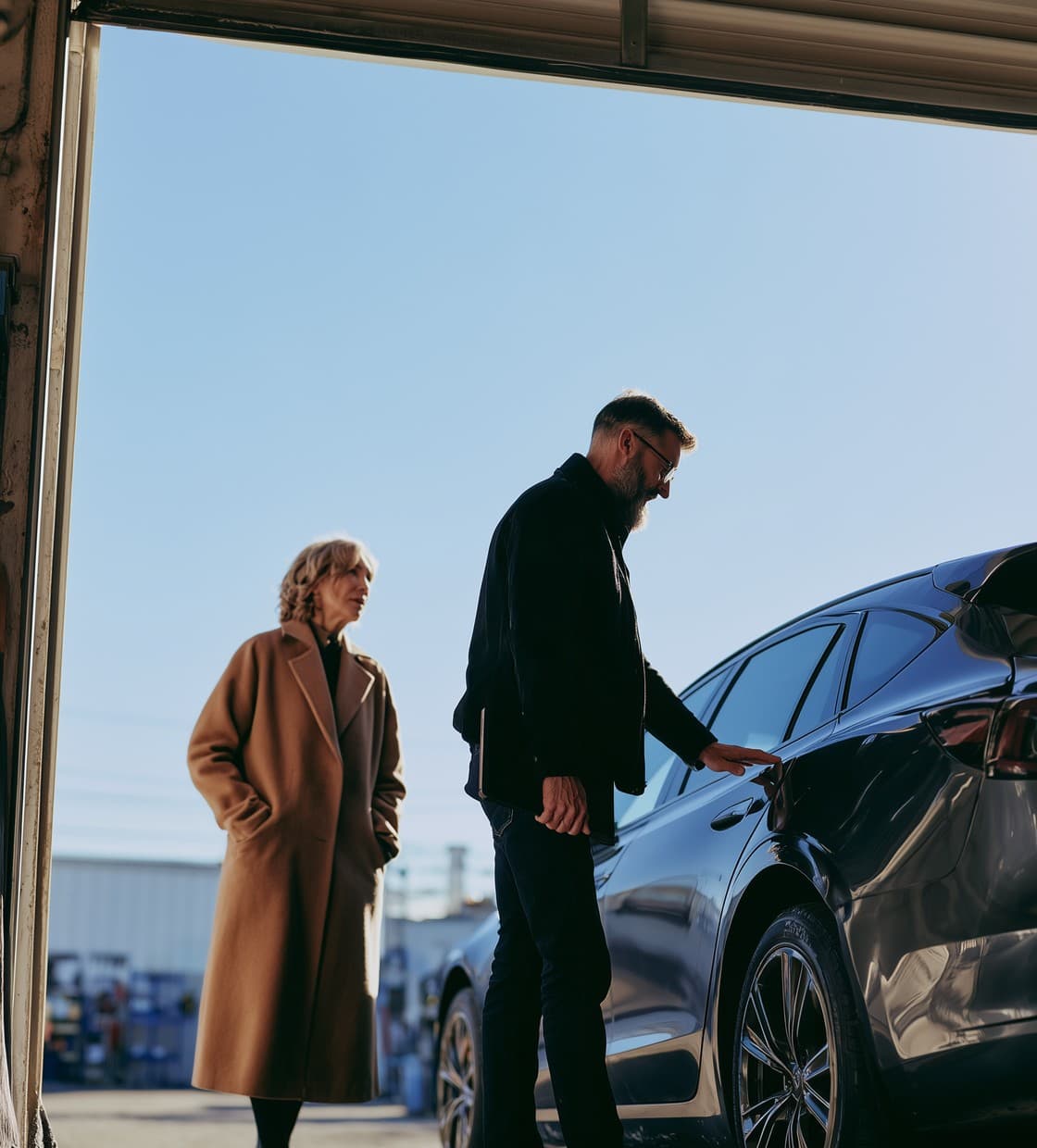 Motor engineer checking the damage on a car as its owner looks on